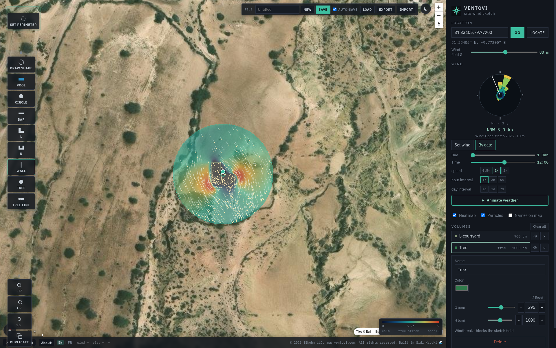 Ventovi on empty land at 31.33405 N, 9.77200 W — L-courtyard and tree, wind heatmap